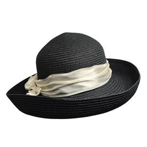 Betmar New York Black Wide Brim Hat With Ivory Satin Ribbon derby spring elegant